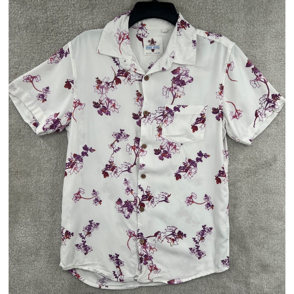 Urban Shores Floral Button Down Mens S White Viscose Short‎ Sleeve Shirt Coastal